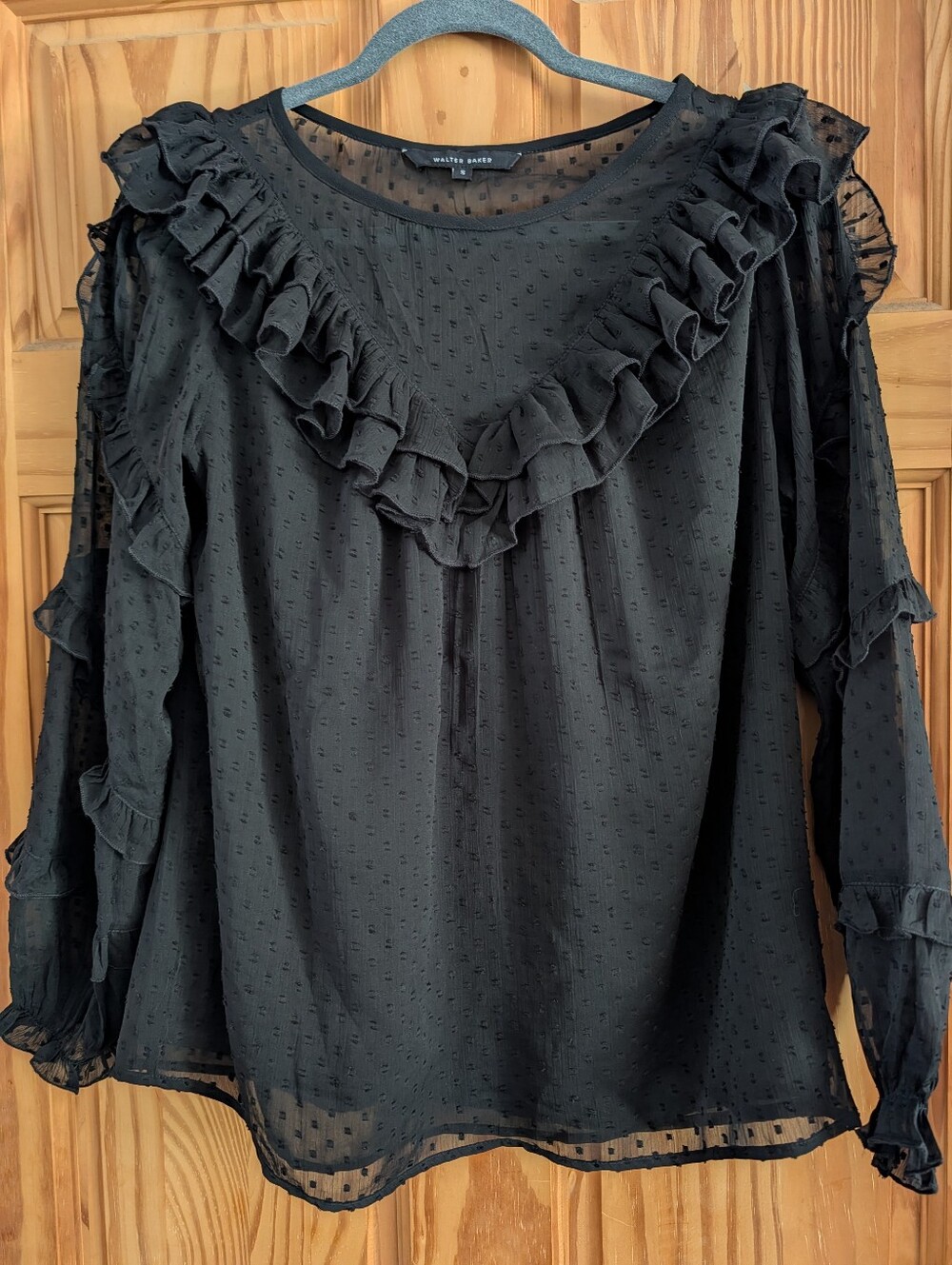 Walter Baker Semi Sheer Black Ruffled Blouse  Tiered Ruffle Sleeve Women's Small